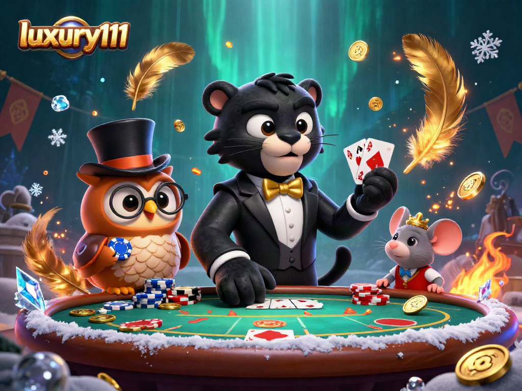 Engaging scene of luxury111 with a tuxedoed panther dealing cards, surrounded by casino elements.