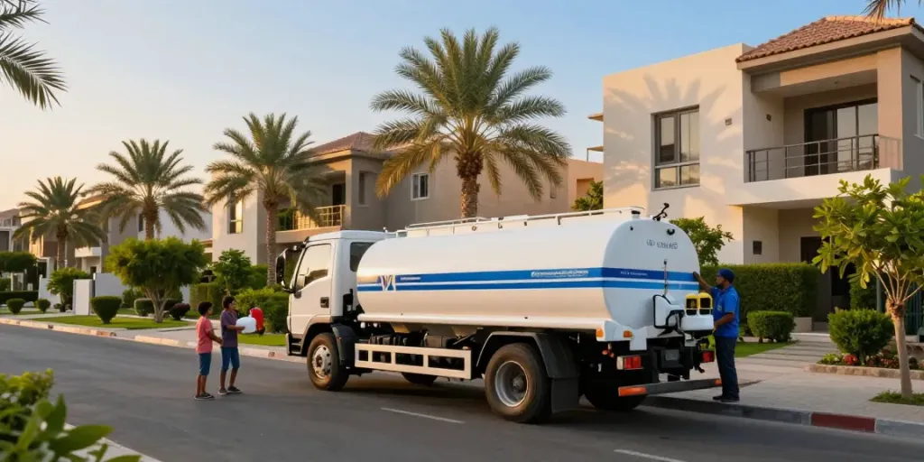 Riyadh Water Tanker Supplier delivering water to a family's home.