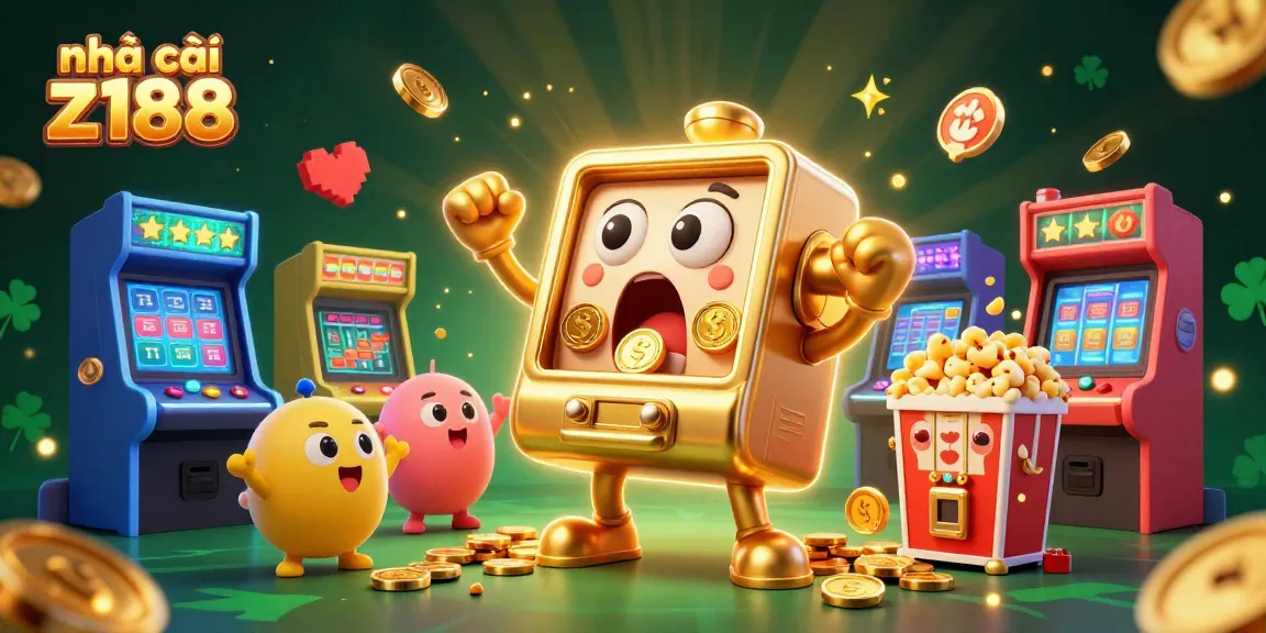 Experience the excitement at nhà cái z188 depicted with vibrant slot machines and cheerful gaming elements.