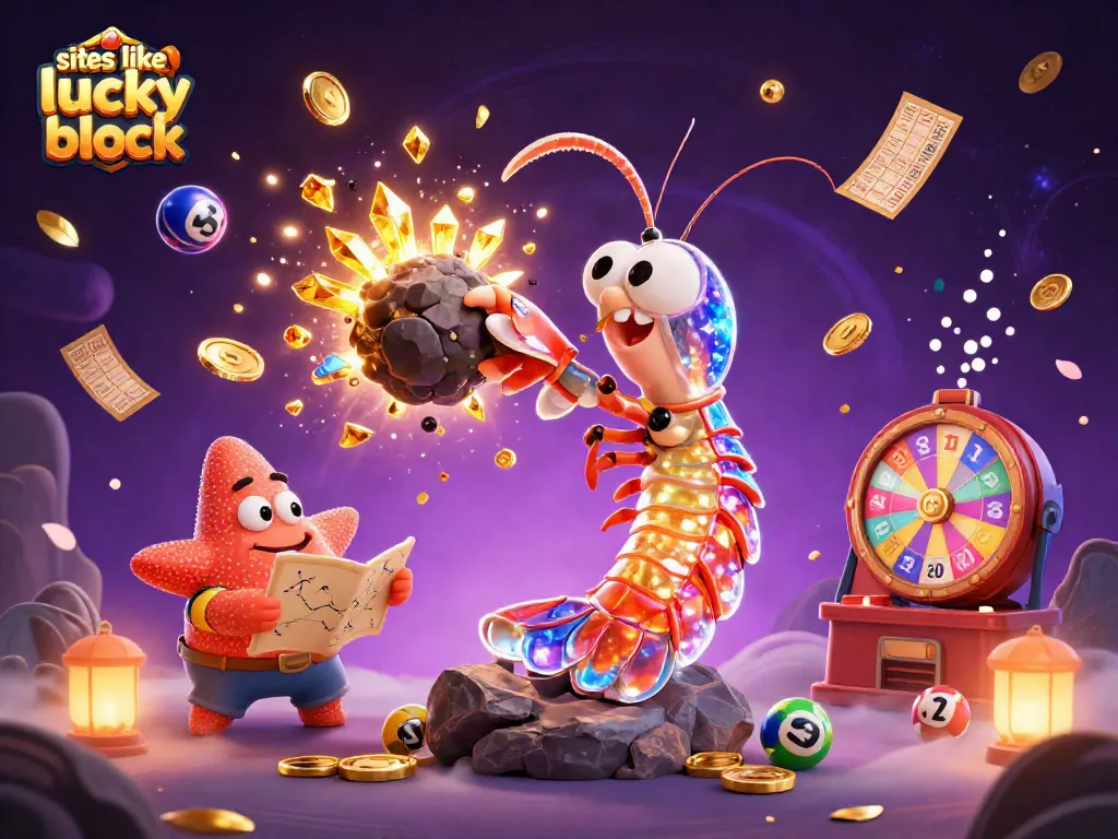 Engaging promotional illustration showcasing sites like lucky block, featuring vibrant casino themes.