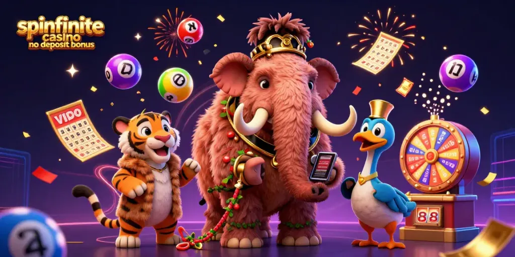 Spinfinite casino no deposit bonus illustrated with vibrant characters enjoying a casino atmosphere.