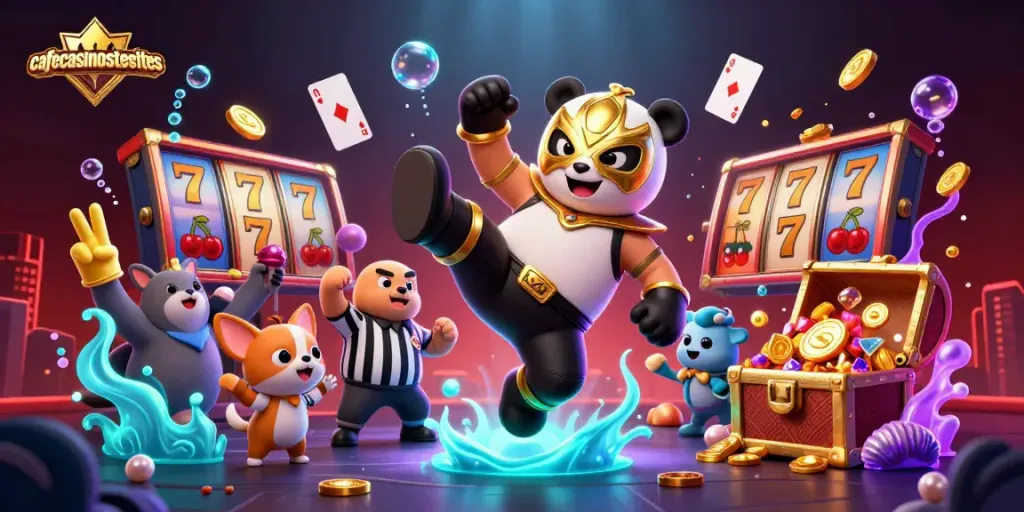 Experience cafecasinosistersites with a dynamic illustration of a panda wrestler and animal fans celebrating wins.