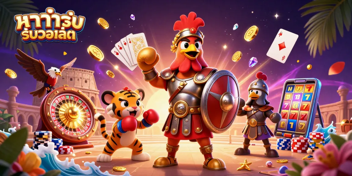 Engage in action with บาคาร่ารับวอเลท as a gladiator rooster leads amid golden coins and sparkling gems in an arena.