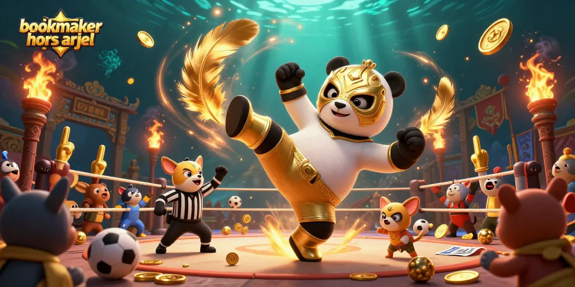 Vibrez avec bookmaker hors arjel dans une illustration dynamique de paris sportifs avec panda et animaux spectateurs.