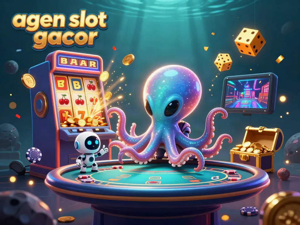 Engage with the exciting world of agen slot gacor, featuring an alien octopus and robot at a holographic poker table.