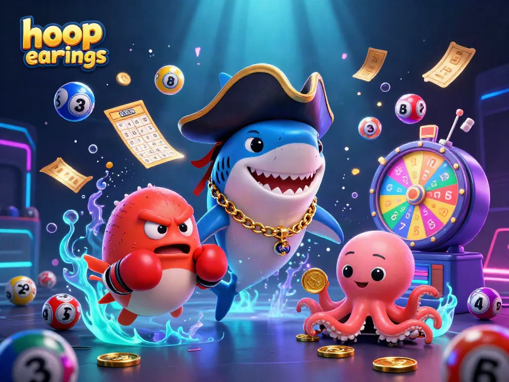 Engage with impressive hoop earrings imagery featuring a cartoon pirate shark in a gambling-inspired setting.