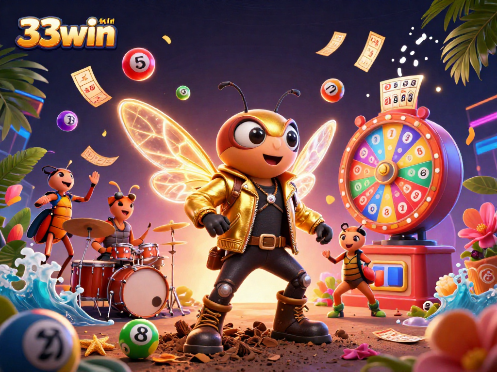 Exciting 33win illustration featuring a cicada rock star, golden bingo cards, and colorful lottery elements.