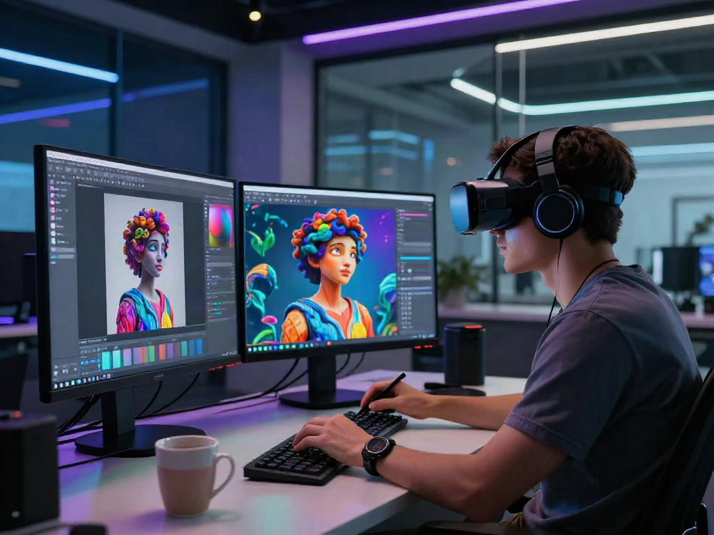 Creating AI porn artwork in a digital studio with immersive VR technology and vibrant visuals.