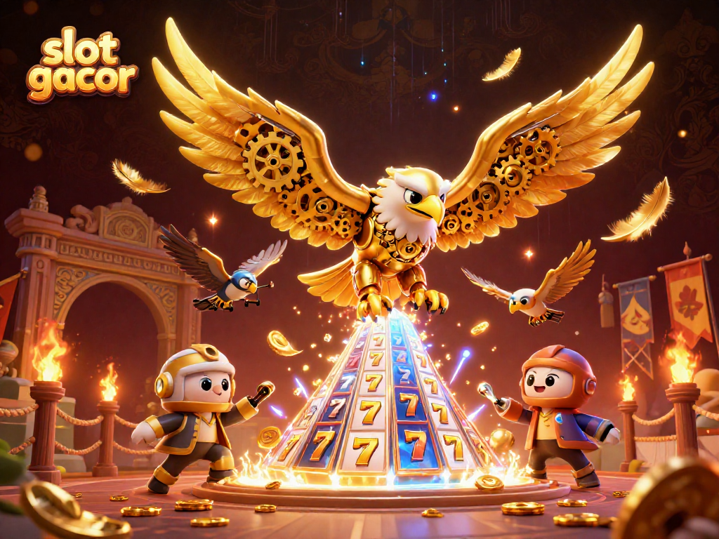 Jelajahi slot gacor dengan putaran berharga dan simbol keberuntungan yang berkilauan dalam ilustrasi 3D yang dinamis.