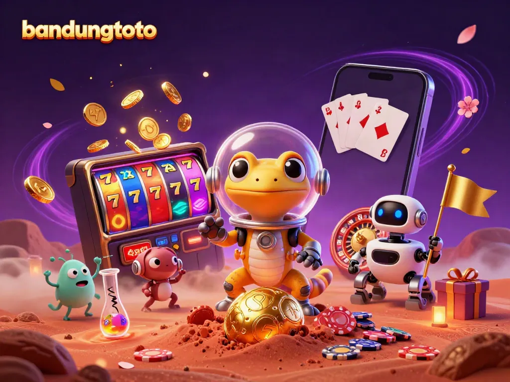 Join the Martian gecko in the bandungtoto casino as golden coins spill from a smartphone slot game.