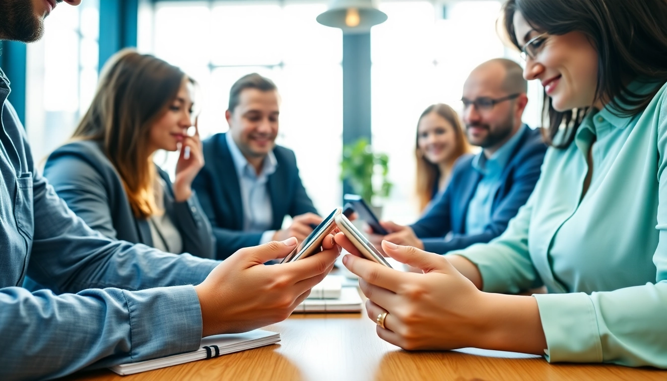Engaged professionals discussing business mobile deals UK in a modern office environment.