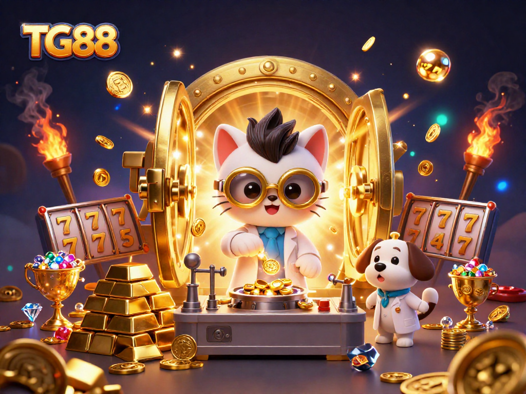 Win golden coins with TG88 in a vibrant 3D casino scene packed with treasures and excitement.
