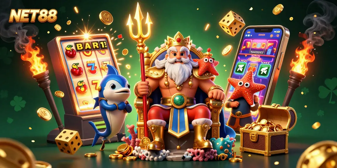 Engage with NET88 in this vibrant casino scene featuring Neptune and dynamic gaming elements.