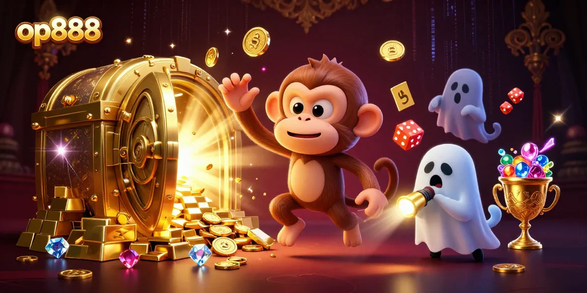 Engage with op888 as a poltergeist monkey juggles golden treasures in a haunted casino scene.