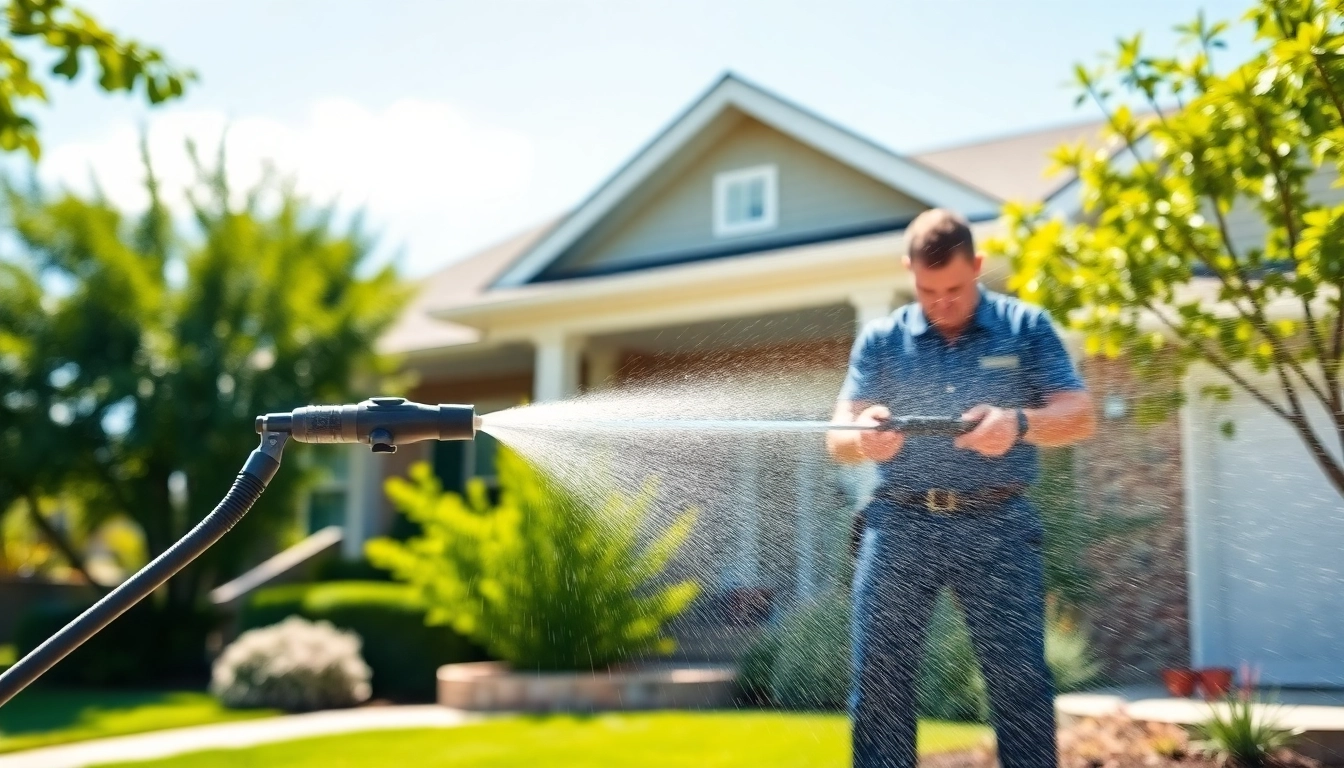 House Washing technician effectively cleaning a home with a pressure washer in a bright setting.