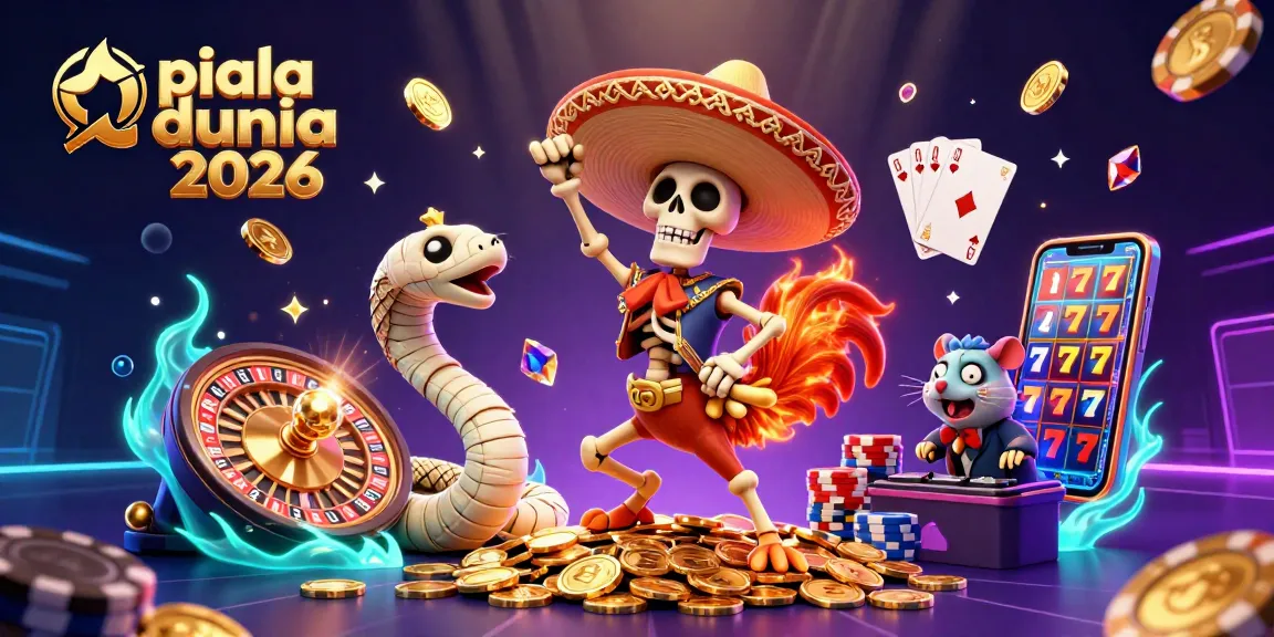 Celebrate piala dunia 2026 with a vibrant 3D casino scene featuring unique characters and bold gaming elements.