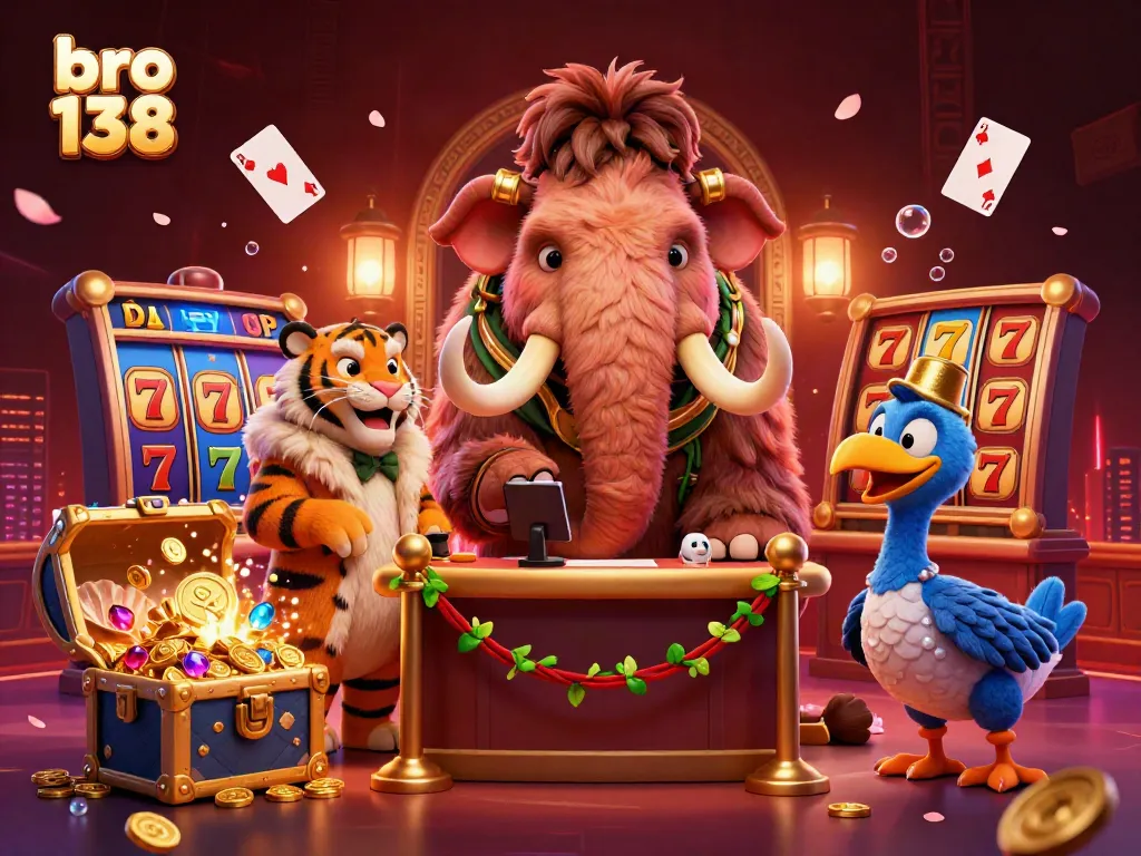 Win jackpots with bro 138 in a vibrant casino scene, featuring colorful reels and energetic characters.