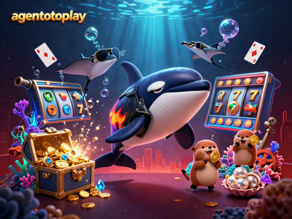 Menggapai kemenangan di agentotoplay dengan orca, stingray, dan keluarga berang-berang yang memegang koin emas.