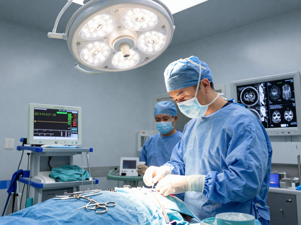 Bel kayması ameliyatı in a surgical room highlighting preparation with sterile environment and professional medical team.