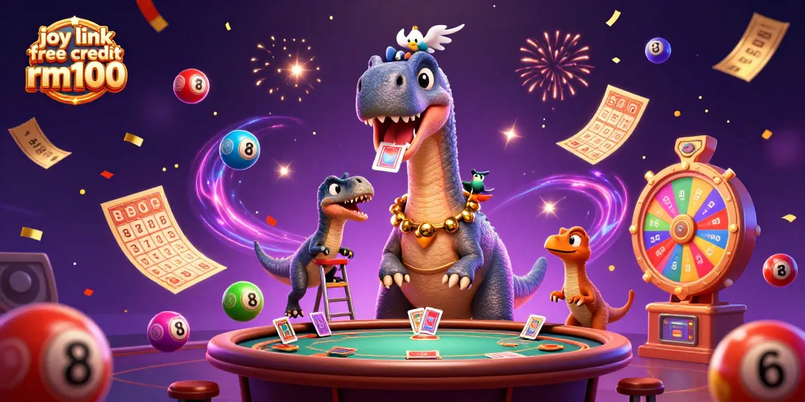 Join the excitement with joy link free credit rm100 in a vibrant casino scene featuring dinosaur characters.