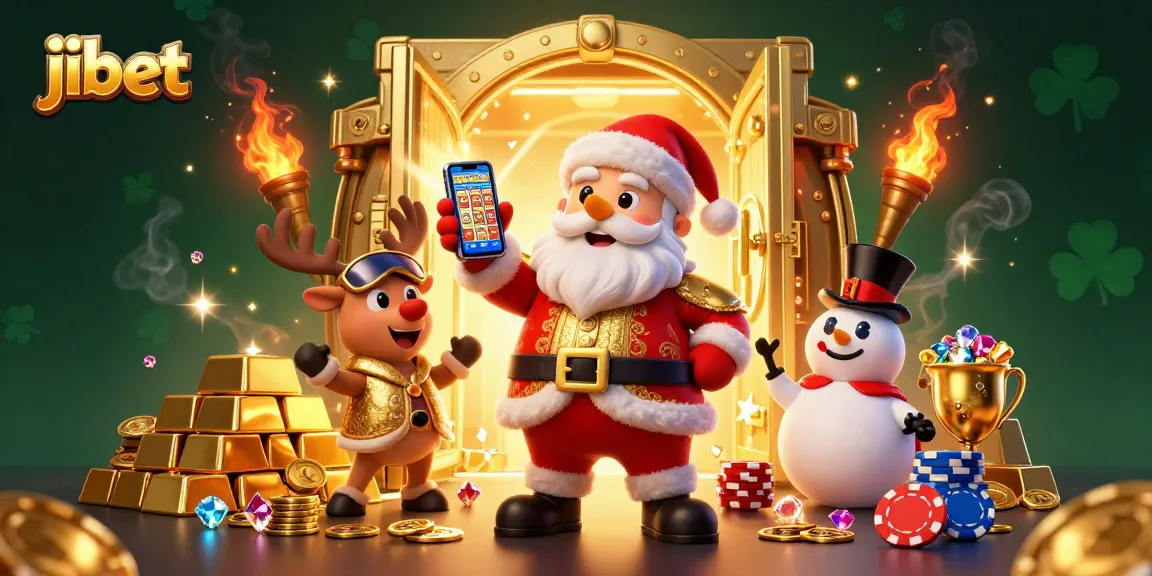 Play slots at jibet with a festive scene showcasing Santa, his reindeer dealer, and a poker-chip snowman.