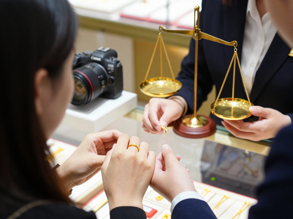Customer examining gold jewelry at a jewelry store featuring mantra88, showcasing quality and expertise.