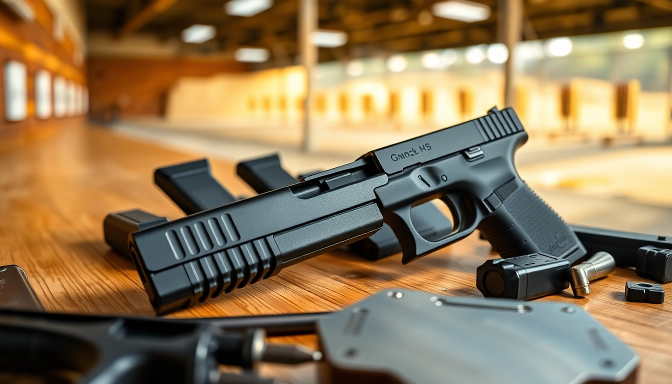 Explore various glock 17 slides showcased on a wooden table with tools and shooting range in background.
