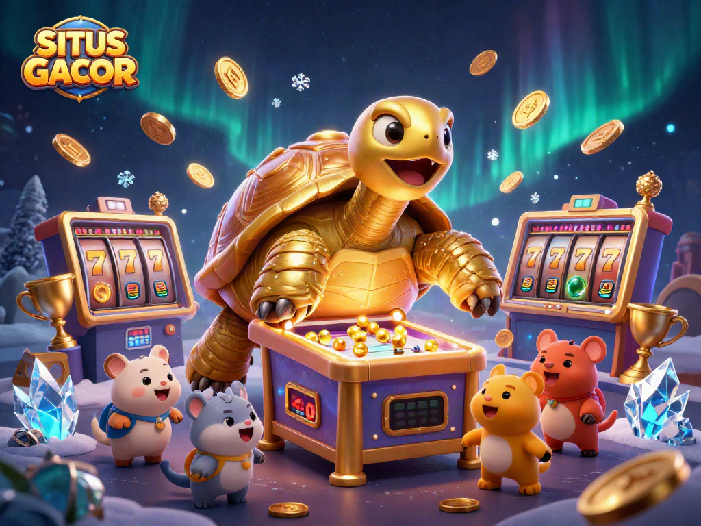SITUS GACOR showcases a golden tortoise pinball machine amidst vibrant slot gameplay elements.
