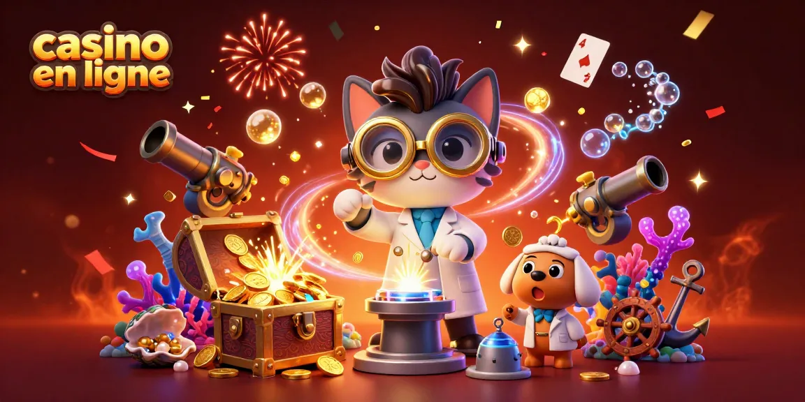 La scène dynamique du casino en ligne avec un scientifique fou, un chien assistant et des pièces d'or éclatantes.