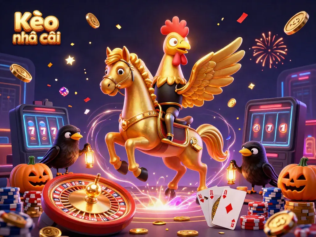 Experience the thrill of Kèo nhà cái with golden rooster and casino elements in this vivid scene.