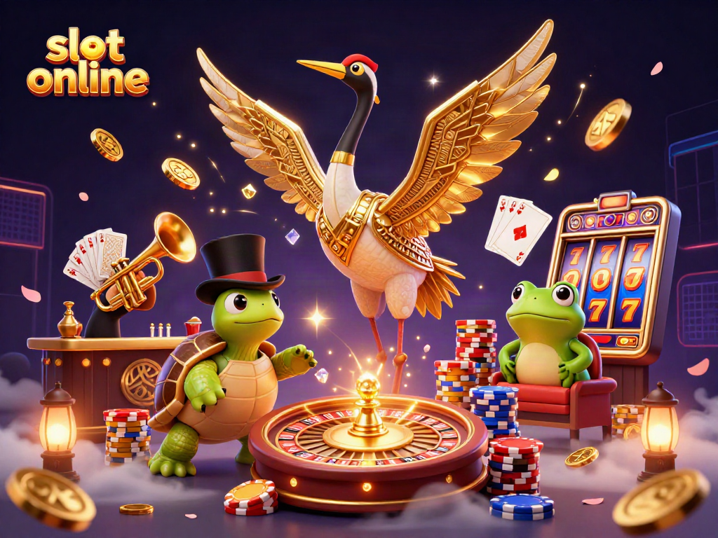 Experience thrilling slot online action with a vibrant 3D casino scene featuring a crane and a turtle.