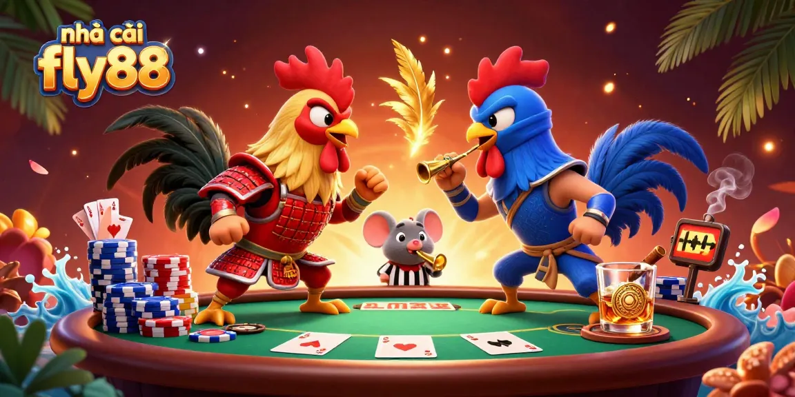 Experience the thrill of nhà cái fly88 with 3D cartoon roosters, poker chips, and casino excitement.
