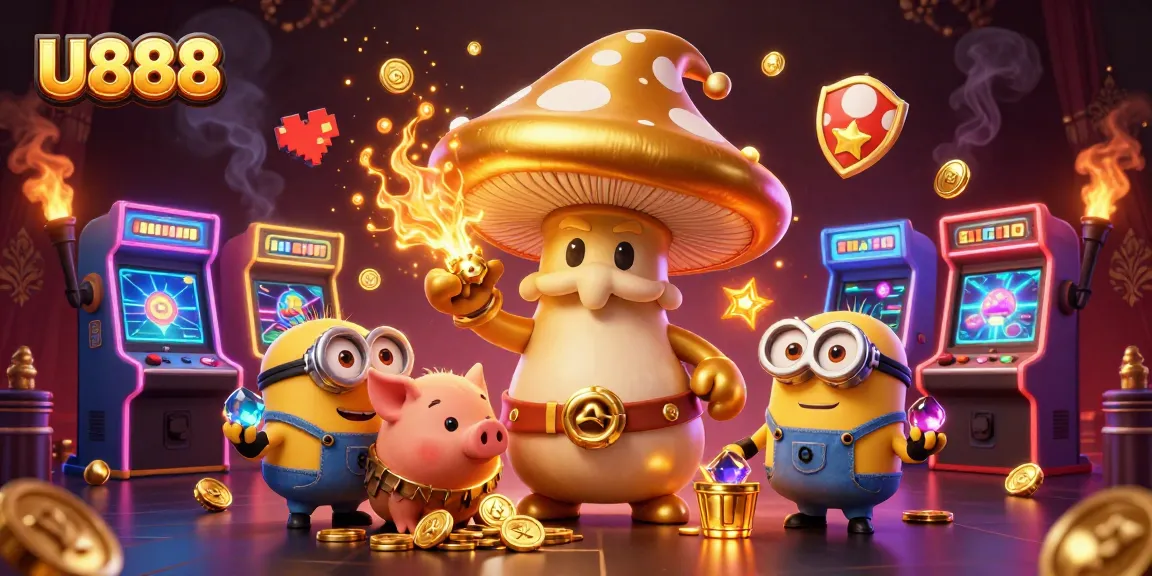U888 offers a vibrant gaming experience with gold and treasure elements in a whimsical casino design.