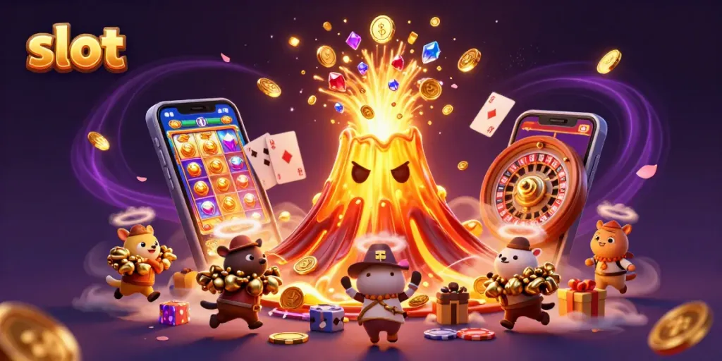 Spin the slot reels as the golden volcano erupts with treasures and vibrant casino elements.