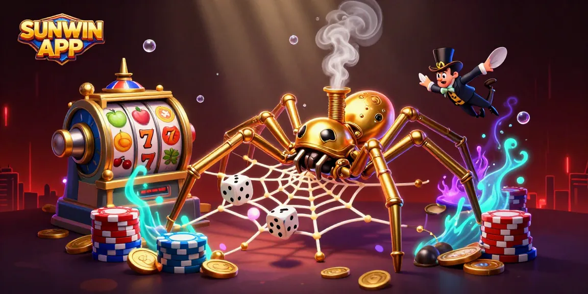 Spin and win with SUNWIN APK featuring a golden spider and dice in a dynamic scene.