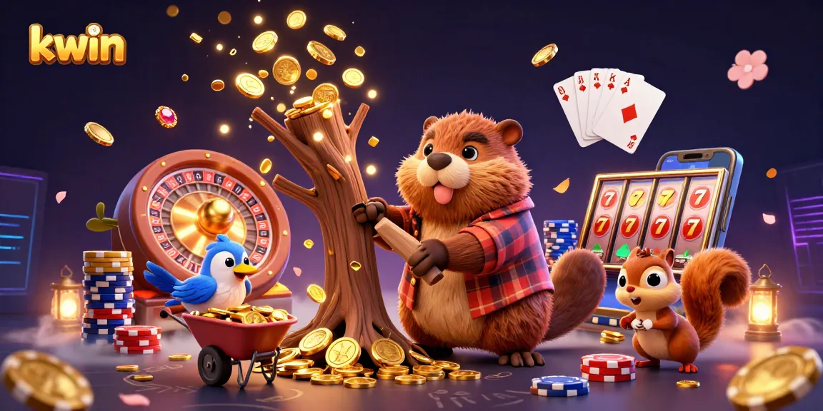 Experience the thrill of kwin with vibrant cartoon characters celebrating wins amidst a shower of coins and gems.