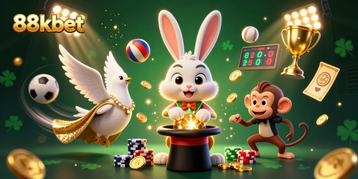 Engage in winning strategies with 88kbet as a magician rabbit reveals golden coins amidst a dynamic casino scene.