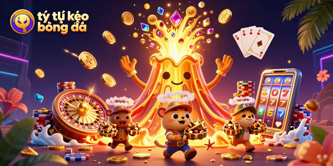 Engage in tỷ lệ kèo bóng đá with thrilling visuals of a golden volcano pouring treasures and casino elements.