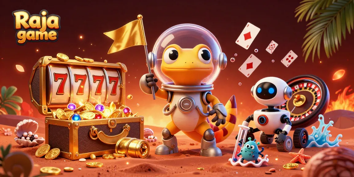 Engage in thrilling casino games like Raja game with a Martian gecko and celebration elements.