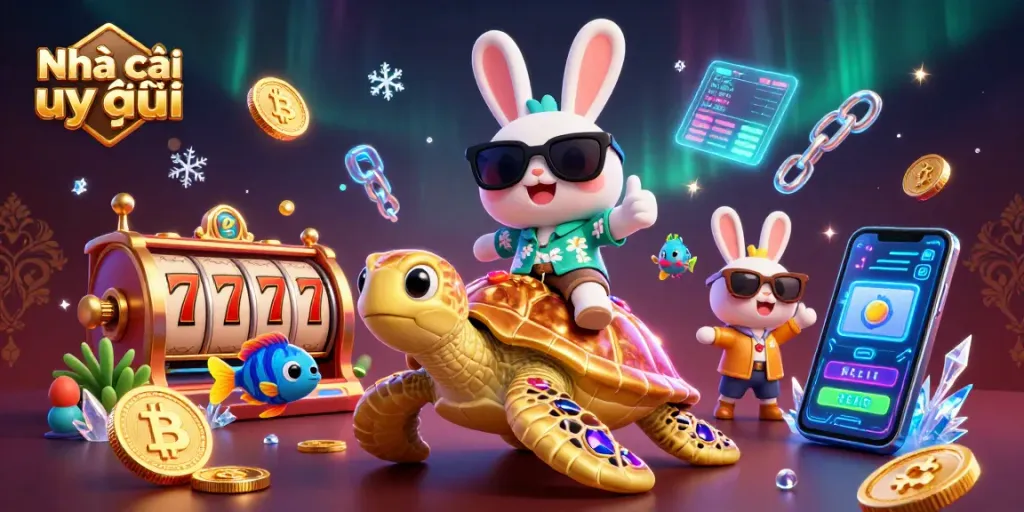 Play slots and bet smartly with Nhà cái uy tín in this vibrant casino-themed 3D illustration.