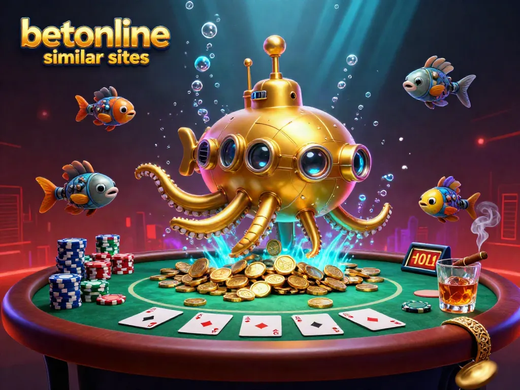 Experience the excitement with betonline similar sites as a golden kraken submarine emerges from golden coins surrounded by vibrant poker elements.