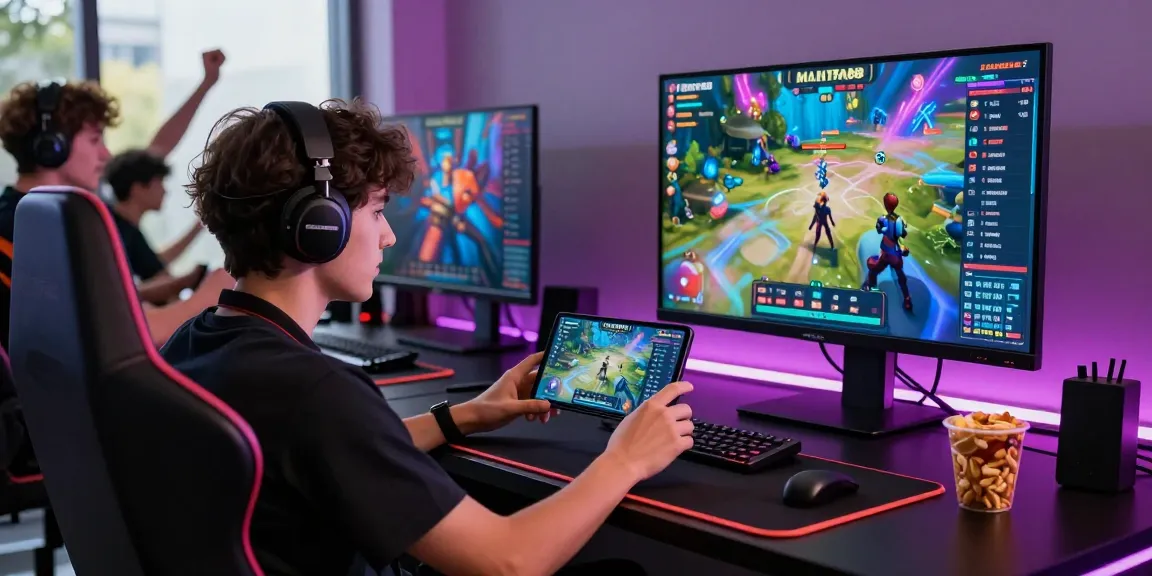 Engaged gamer playing MANTRA88 mobile game in a lively, modern setup, showcasing excitement and competition.