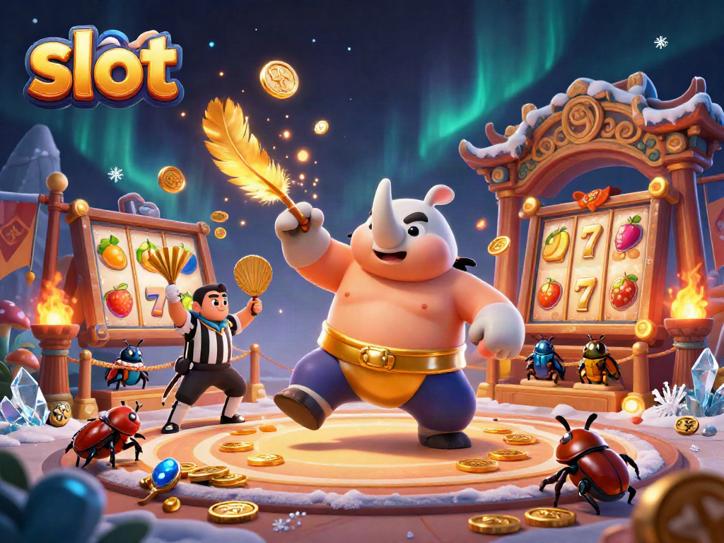 Experience thrilling slot action with a sumo beetle champion surrounded by vibrant gaming elements.