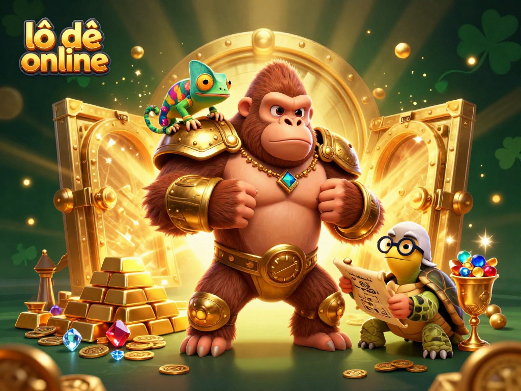 Experience the thrill of lô đề online with a vibrant scene featuring a powerful gorilla king and treasure elements.