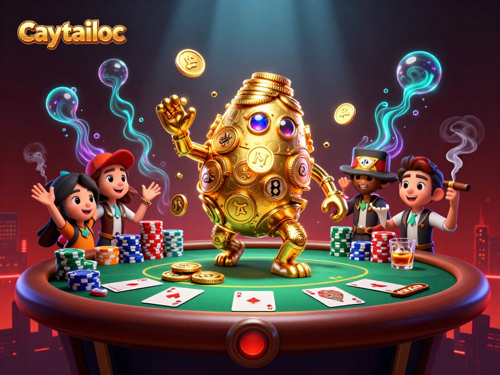 Experience the excitement of caytailoc with a vibrant 3D illustration showcasing a golden golem amidst casino games and poker elements.