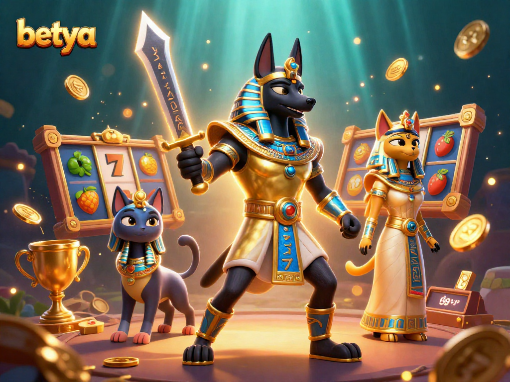 Join the excitement at betya with Anubis and Bastet in a vibrant slot game scene!