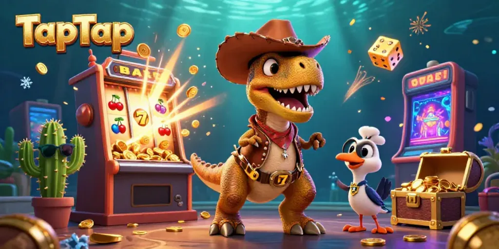Experience the thrill of TapTap with a cartoon dinosaur and a vibrant casino scene.