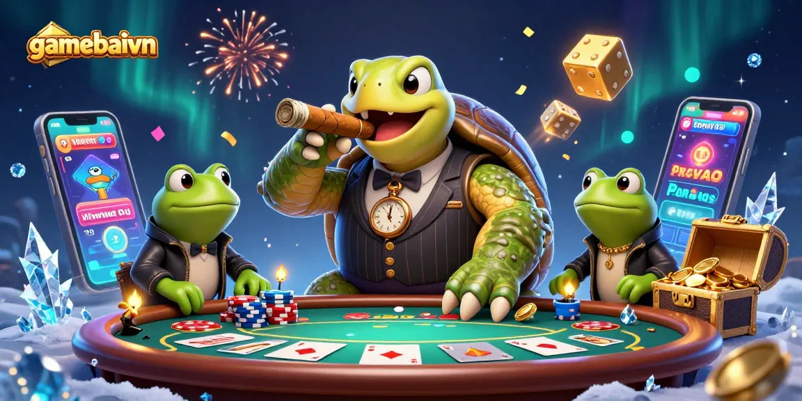 Gamebaivn showcases a vibrant 3D poker scene with a turtle dealer and bullfrog enforcers.
