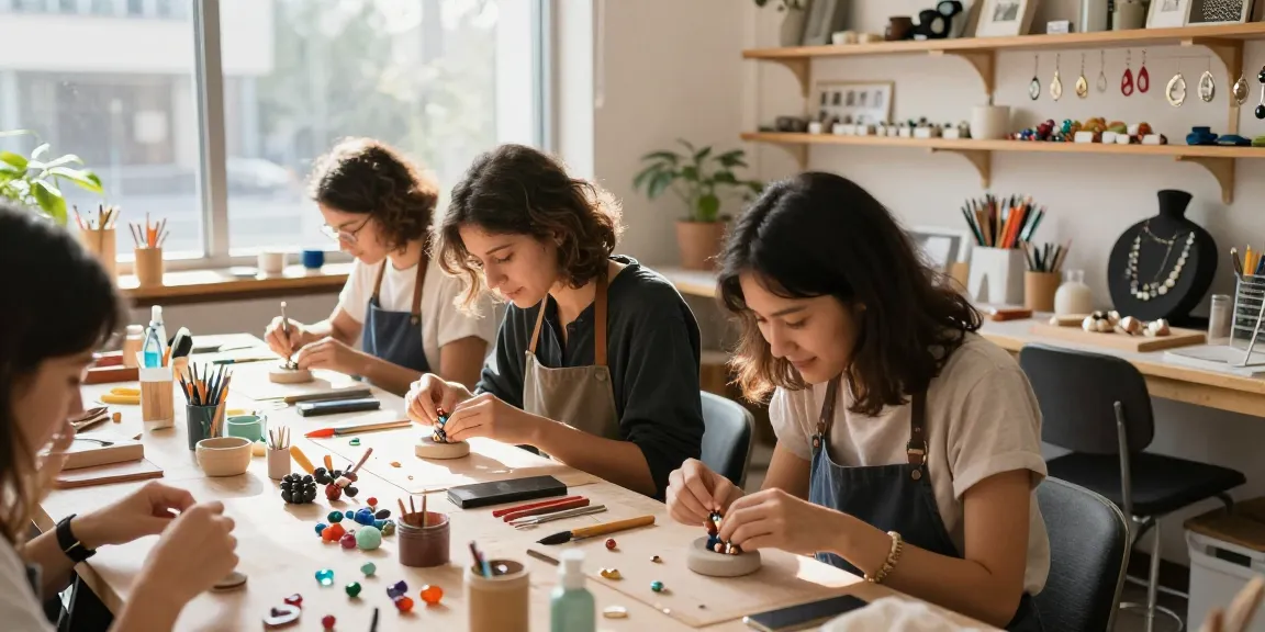 Jewelry designers at work creating m98-inspired artisan pieces in a sunlit studio