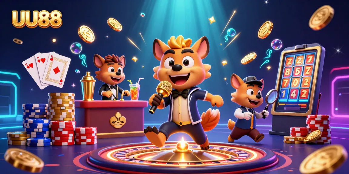 Engage with the exciting atmosphere of UU88's casino world featuring colorful characters and dynamic casino elements.